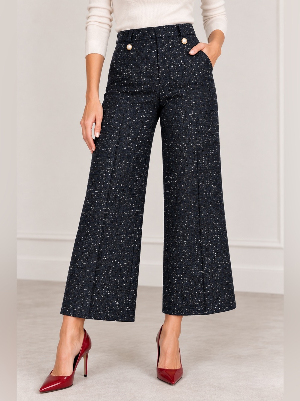Ann Taylor Navy Metallic Tweed Wide Leg Sailor Pants Size 6